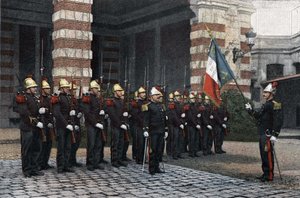 Pompiers de Paris. Salut au drapeau. dans « Album militaire scène de la vie du soldat, pompiers de Paris » 1892 - French School