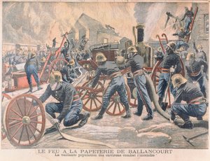 Pompiers combattant un incendie dans une papeterie à Ballancourt, de Le Petit Journal, 1905 - French School
