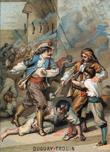 Premier exploit de René Duguay-Trouin (Duguay-Trouin) (René Trouin du Gué dit) (1673-1736), marin français : Duguay-Trouin combattant Wassenaer (1695). Chromolithographie de la série « Éducation patriotique par l