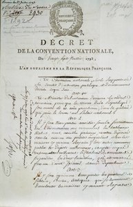Première page du décret de la Convention nationale du 27/07/1793 établissant le Palais du Louvre comme musée