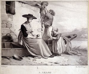 Pêcheur, sa femme en costume régional et leur enfant à Arles