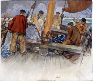 Pêcheurs vidant un filet à bord