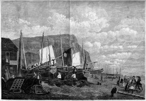 Bateaux de pêche sur la plage de Hastings, Angleterre - French School