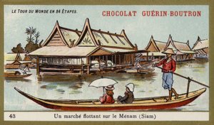 Marché flottant sur la rivière Menam, Siam - French School