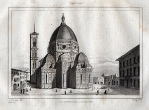 Cathédrale de Florence - Vue de la cathédrale de Florence (Duomo Santa Maria del Fiore). Le dôme a été réalisé par Filippo Brunelleschi vers 1420-1436, Florence, Italie - Gravure de « L