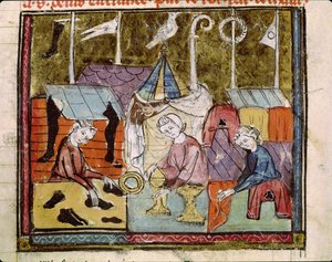 Marchands à la foire de Lendit près de Saint-Denis, des Grandes Chroniques de France, 1375-79 - French School
