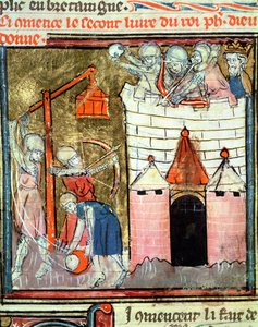 Fol.261v Siège du château de Chinon, des Grandes Chroniques de France, 1375-79 - French School