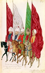 Fol.41 Hommes avec des étendards suivant le Seigneur à la guerre, de 