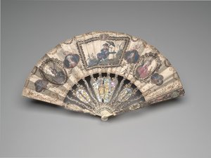 Éventail pliant avec une scène de chinoiserie, portraits, figures pastorales et natures mortes, vers 1780s - French School