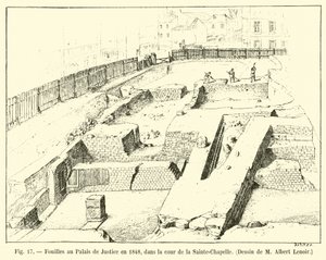 Fouilles au Palais de Justice en 1848, dans la cour de la Sainte-Chapelle, Dessin de M Albert Lenoir - French School