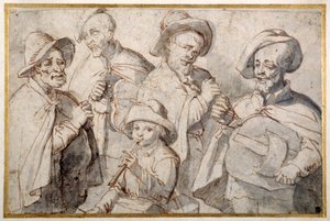 Quatre joueurs de vielle et un garçon avec une pipe, École de Lorraine
