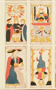 Quatre cartes de tarot représentant les Amoureux, le Chariot, la Force et le Pendu (gravure sur bois en couleur) - French School