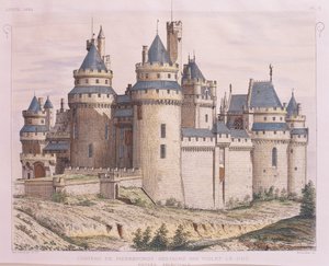 France, Château médiéval de Pierrefonds, restauré par Viollet-le-Duc du Moniteur des Architectes, gravure - French School