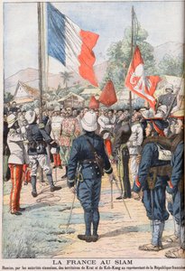 La France prenant possession des territoires de Krat et Koh-Kong, Siam après le traité de 1904 convenu entre les Siamois et les Français. Illustration de 