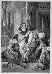 François de La Rochefoucauld (1613-1680) parlant avec Mademoiselle de Sévigné (Marie de Rabutin-Chantal), Marquise de Sévigné dite Madame de Sévigné (1626-1696) et Marie-Madeleine (Marie Madeleine) Pioche de La Vergne, comtesse de Lafayette (Madame de la F - French School