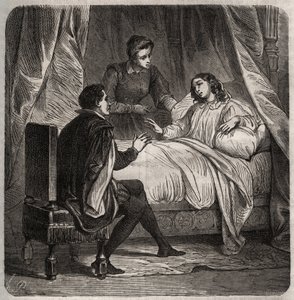 Françoise de Foix, Comtesse de Châteaubriant (vers 1495-1537), malade, reçoit Clément Marot (1496-1544), le valet de François 1er, au lit. Gravure de 1871 dans "Histoire Des Cocus Célèbres" par Henry de Kock - French School