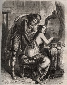 Frédégonde prend son mari, le roi des Francs Chilpéric Ier, pour son amant, Landéric. Le roi découvre que sa femme le trompe. Gravure de 1871 dans "Histoire Des Cocus Célèbres" de Henry de Kock - French School