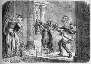 Frédégonde (v. 545 - 597), reine de Neustrie, fit assassiner Chilpéric Ier (539-584) en 584. Gravure dans « L