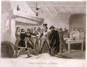 Franc-maçonnerie : le serment des frères faucheurs à Potok en 1821. Gravure de « Histoire pittoresque de la Franc-Maçonnerie et des Sociétés Secrètes anciennes et modernes » par F.-T. B. Clavel. Pagnerre, éditeur. 1843.