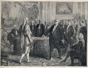 Révolution française - Assemblée générale le 23/06/1789 : Honoré Gabriel Riqueti, comte de Mirabeau (1749-1791) apostrophant Henri Evrard, marquis de Dreux-Brézé (1762-1829). Gravure de 1889. Collection privée. - French School