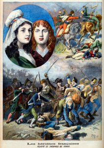 Révolution française - Les héroïnes françaises : les sœurs Félicité (1770-1841) et Théophile (1875-1819) de Fernig qui ont combattu déguisées en homme contre les Autrichiens pour surveiller leur père en 1792 - illustration de « Le Petit Journal » du 7 août