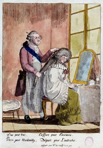 Révolution française : Caricature sur la fuite de la famille royale à Varennes les 20 et 21/06/1791 : le roi Louis XVI coiffant la reine Marie-Antoinette devait partir avec le faux passeport de gouvernante des enfants de la baronne de Korff. Anonyme en cou - French School