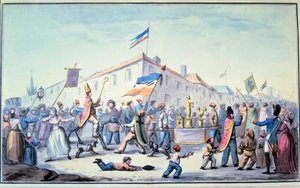Révolution française : mascarade formée du peuple habillé en vêtements sacerdotaux. Aquarelle anonyme. 1793. Paris, Bibliothèque de l