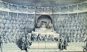 Révolution française : le roi Louis XVI (1754-1793) à la barre est interrogé par Antoine Barnave (1761-1793) lors de son procès devant la Convention nationale qui décidera de sa condamnation à mort le 21/01/1793. Dessin anonyme vers 1793. Paris, Musée du L - French School