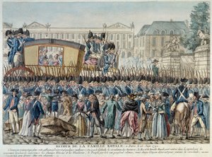 Révolution française : « Retour de la famille royale à Paris le 25/06/1791 » Le cortège traverse la Place de la Concorde. Gravure de l