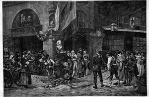 Révolution française : « Le buste de Marat au pilier des Halles ». En hommage à Jean-Paul Marat, son buste fut placé après sa mort dans les Halles de Paris. Gravure d