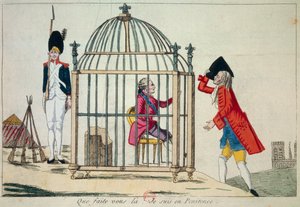 Révolution française : « Que faites-vous, je suis en pénitence » Le roi Louis XVI (1754-1793) représenté dans une cage à la veille de sa fuite à Varennes en juin 1791. Gravure satirique Paris, Bibliothèque de l