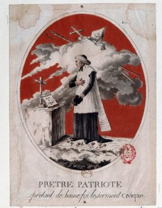 Révolution française : un prêtre patriote prêtant le serment civique de bonne foi. Gravure du 18ème siècle. Paris, Bibliothèque de l