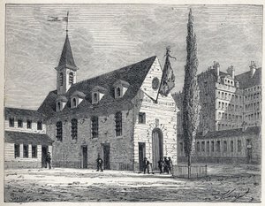 Révolution française : lieu de réunion du club des Jacobins à Paris, un ancien couvent dans le quartier Saint-Honoré. Gravure de 1889. Collection privée.