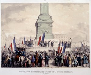 Révolution française de 1848 : proclamation de la Deuxième République au pied de la colonne de Juillet sur la place de la Bastille le 25/02/1848. Lithographie du XIXe siècle. Paris, Musée Carnavalet