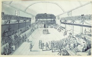 Révolution française : la naissance de la Constitution en septembre 1791 rédigée par Guy Jean-Baptiste Target (1733-1807) dans la salle du Jeu de Paume à Versailles où les députés avaient prêté serment le 20/06/1789. Dessin anonyme vers 1791. Paris, Lou - French School