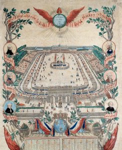 Révolution française : vue de la fête de la fédération nationale le 14/07/1790 au Champ de Mars. Gravure de 1790. Paris, Archives Nationales