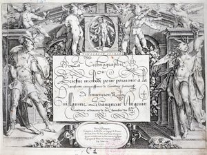 Calligraphie française : Technographie, frontispice par Guillaume Le Gangneur vers 1599. Bibliothèque Historique de la Ville de Paris - French School