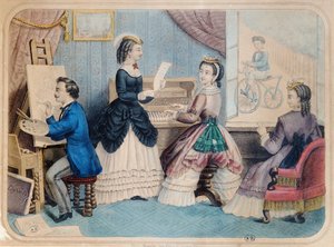 Planche de mode française représentant des activités artistiques, 1867