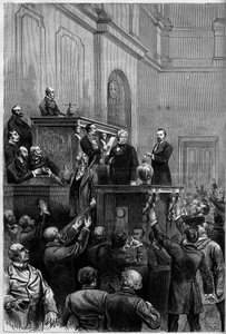 Élection présidentielle française, 30 janvier 1879 : suite à la démission de Mac Mahon, les parlementaires ont voté pour élire un nouveau président de la République. La gravure représente Jules Armand Dufaure (1798-1881) déposant son bulletin