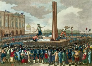 Révolution française : exécution à la guillotine du roi Louis XVI (1754-1793), le bourreau présente sa tête coupée. Gravure d