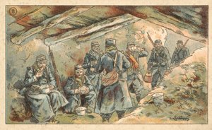 Soldats français mangeant dans un abri, Première Guerre mondiale - French School