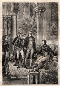 Friedrich Konrad Hornemann (1772-1801) rencontre Napoléon Bonaparte au Caire en 1797 en présence de Gaspard Monge (1746-1818) et Claude Louis Berthollet (1748-1822) - illustration tirée de « Les grands marins du XVIIIe siècle » - French School