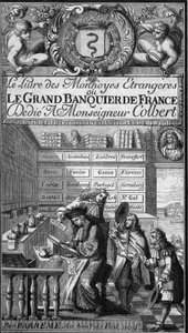 Frontispice du "Livre des monnoyes étrangères ou le grand banquier de France" (1687) par François Barrême (1638-1703), mathématicien français. Le personnage écrivant à la plume est probablement un portrait de l