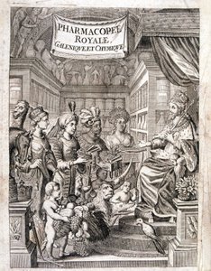 Frontispice de « Pharmacopée royale, galénique et chimique » par Morse Charas, Pharmacie au Jardin Royal des Plantes chez Laurent d