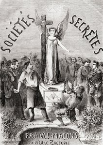 Frontispice de Sociétés Secrètes, les Francs Maçons, publié vers 1867 - French School