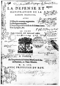Frontispice de La Défense et Illustration de la Langue Française par Joachim du Bellay, imprimé par Federic Morel à Paris en 1561