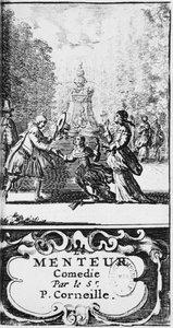 Frontispice de Le Menteur par Pierre Corneille (1606-84) publié en 1664, Amsterdam - French School