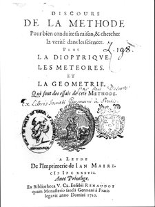 Frontispice du Discours de la Méthode suivi de La Dioptrique, Les Météores et La Géométrie par René Descartes, publié pour la première fois à Leyde en 1637 - French School