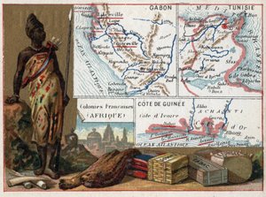 Gabon, Tunisie et la côte de Guinée en Afrique. Série sur les colonies françaises. Matières premières : gomme, éponge, tabac et soies, ivoire. Chromolithographie « le fil géographique », vers 1920. Collection privée. - French School