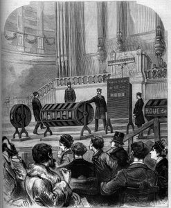 Jeu de hasard : tirage de la Loterie Nationale dans la salle des fêtes du Trocadéro le 6 janvier 1879 à Paris. Gravure dans « Le Monde Illustré » n°1140 du 1er février 1879